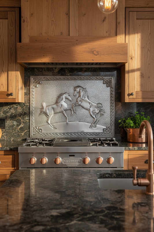 60x36 Inch Wild Horses Gray Backsplash Extreme Front Close-Up Ultra-Luxury Ranch Kitchen