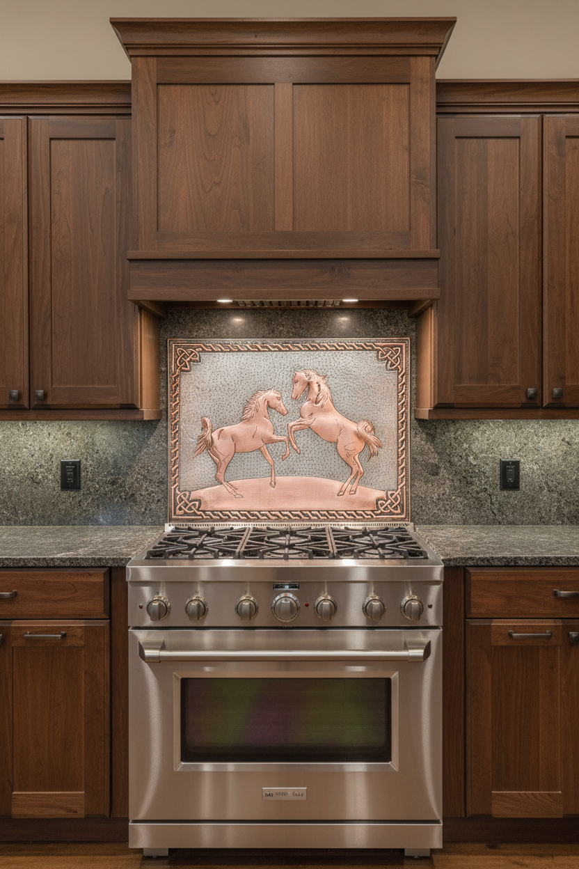 60x36 Inch Wild Horses Gray Copper Backsplash Direct Front View Ultra-Luxury Ranch Kitchen