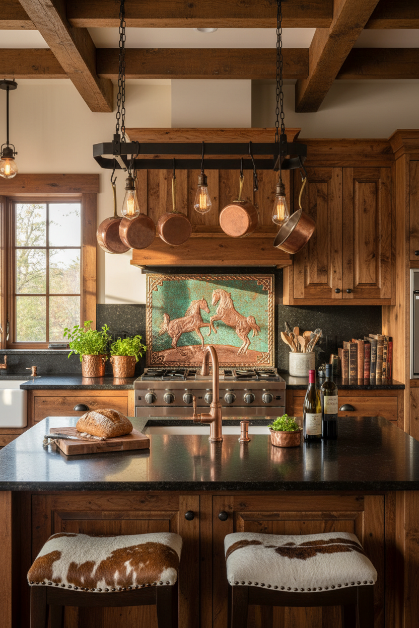 60x36 Inch Wild Horses Green Copper Backsplash Direct Front View Ultra-Luxury Rustic Ranch Kitchen