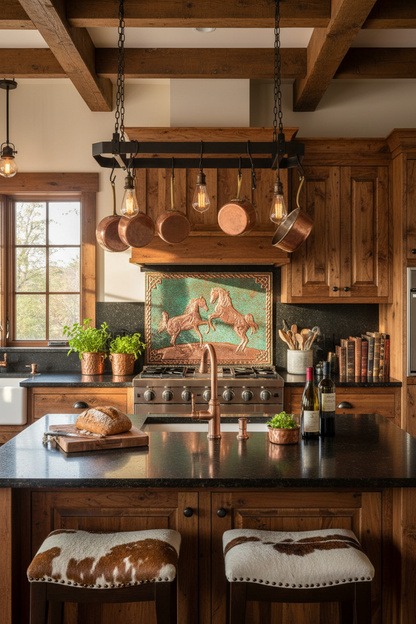 60x36 Inch Wild Horses Green Copper Backsplash Direct Front View Ultra-Luxury Rustic Ranch Kitchen