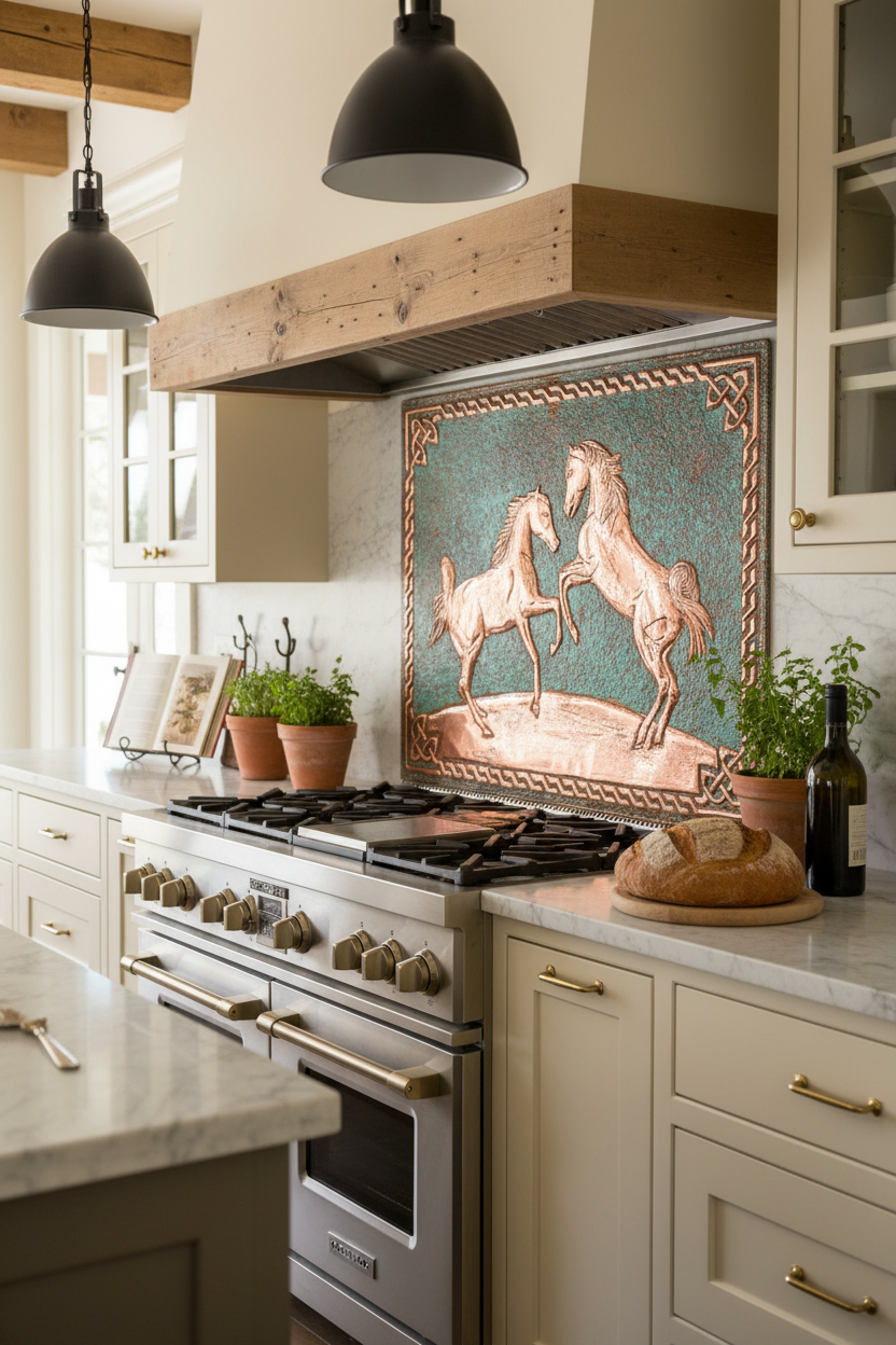 60x36 Inch Wild Horses Green Copper Backsplash Macro Close View Ultra-Luxury Cottage Ranch Kitchen