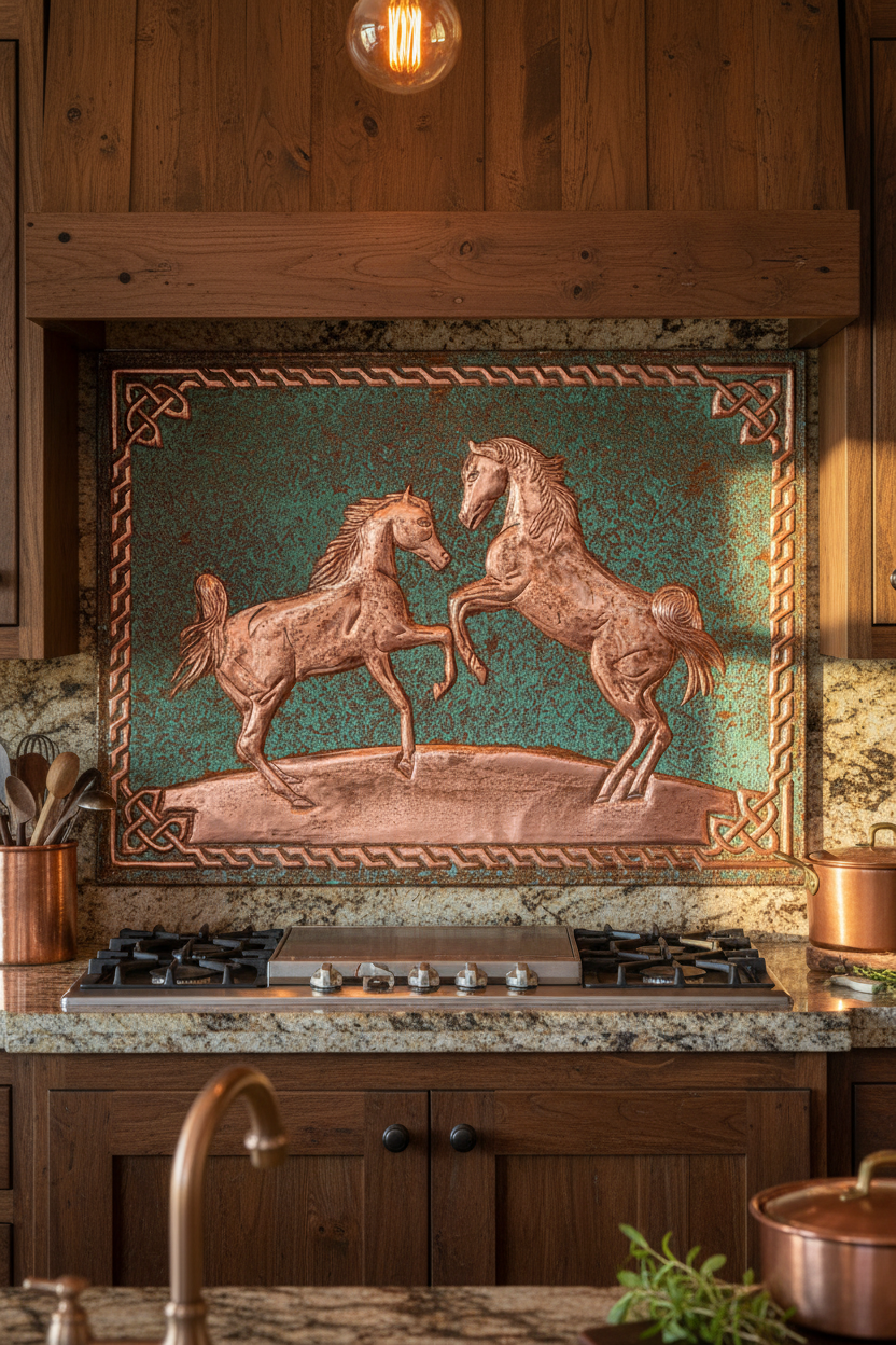 60x36 Inch Wild Horses Green Copper Backsplash Ultra Extreme Close-Up Direct Front View Ultra-Luxury Rustic Ranch Kitchen