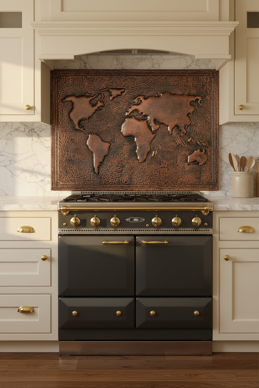 60x36 Inch World Map Brown Copper Backsplash Close-Up Front View Luxury French Country Kitchen