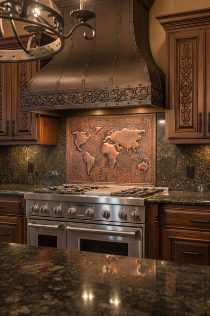 60x36 Inch World Map Brown Copper Backsplash Close-Up Front View Luxury Spanish Colonial Kitchen