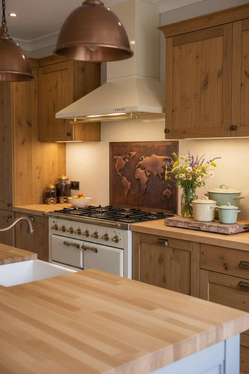 60x36 Inch World Map Brown Copper Backsplash Luxury Rustic Farmhouse Kitchen