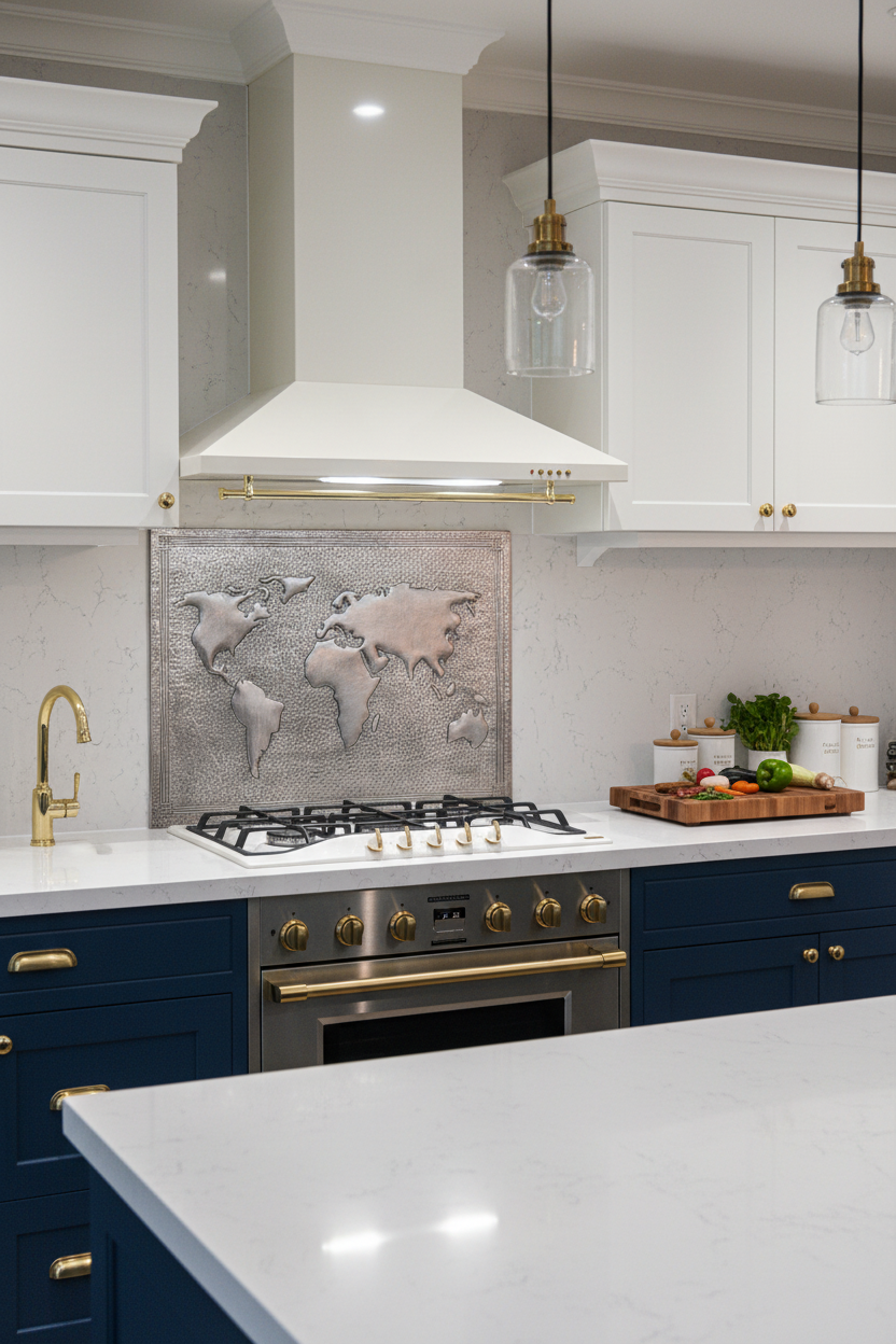60x36 Inch World Map Gray Copper Backsplash Luxury Navy Kitchen