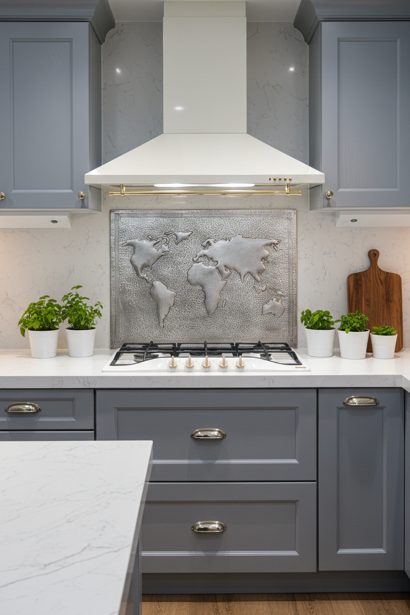 60x36 Inch World Map Gray Copper Backsplash Modern Transitional Kitchen