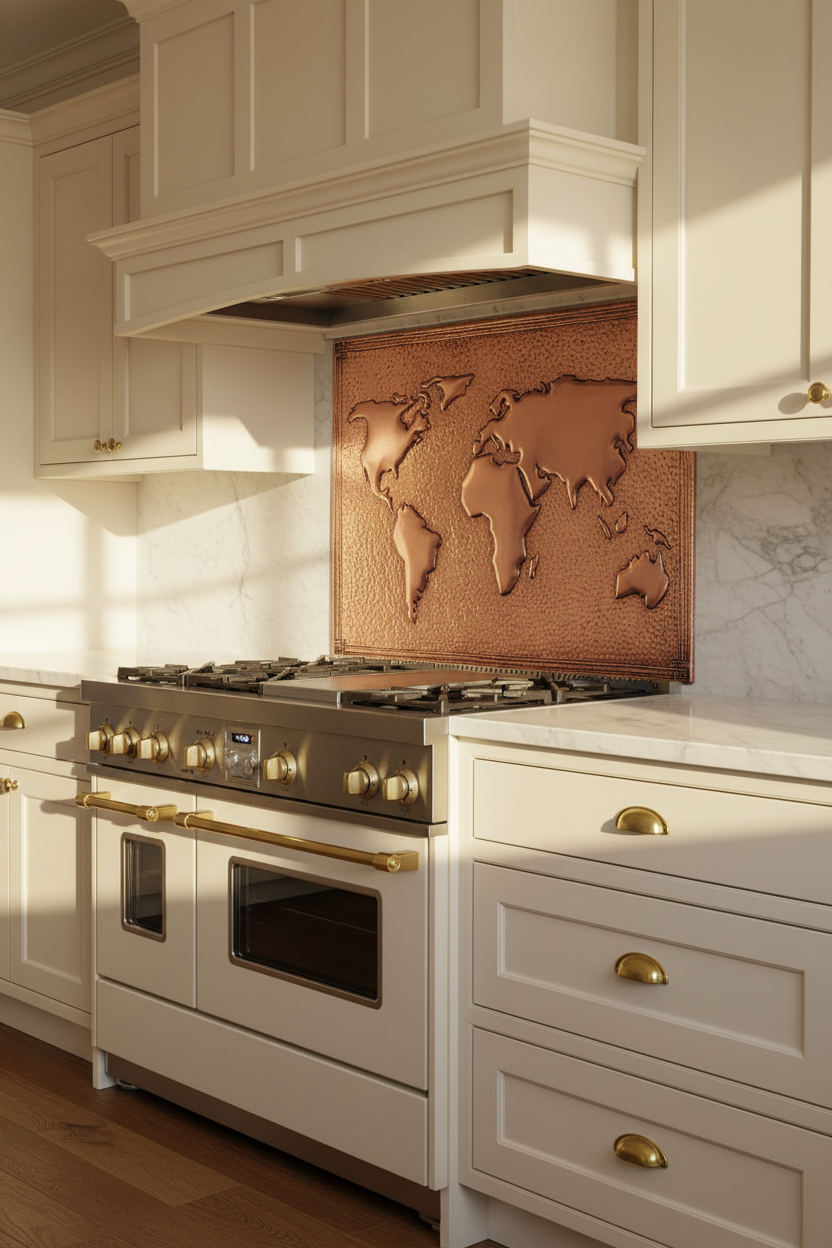 60x36 Inch World Map Natural Copper Backsplash Close-Up Front View Luxury French Country Kitchen