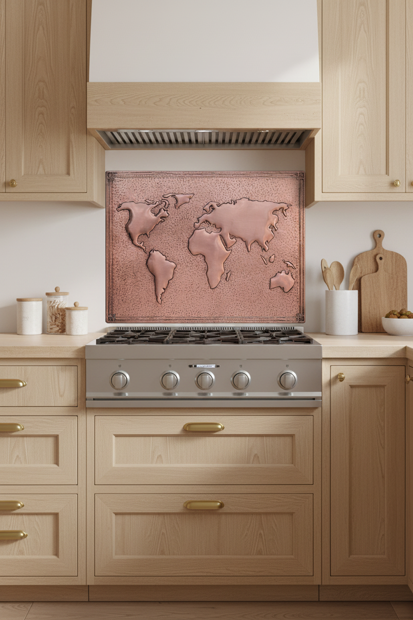 60x36 Inch World Map Natural Copper Backsplash Close-Up Front View Luxury Scandinavian Modern Kitchen
