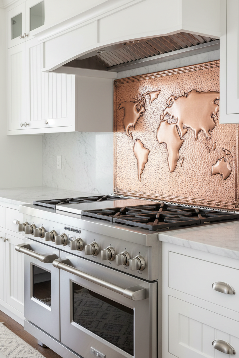 60x36 Inch World Map Natural Copper Backsplash Close-Up View Luxury Coastal Kitchen
