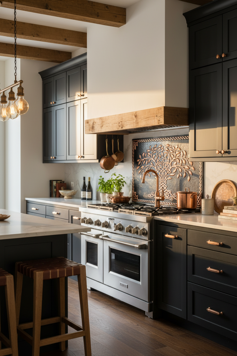 66x36 Inch Black Tree of Life Copper Backsplash Ultra Close Angled Left View Ultra-Luxury Modern Kitchen