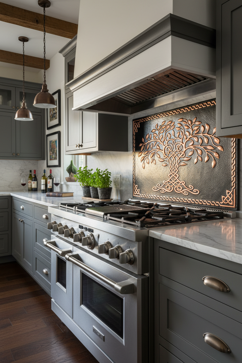 66x36 Inch Black Tree of Life Copper Backsplash Ultra Close Angled Right View Ultra-Luxury Contemporary Celtic Kitchen