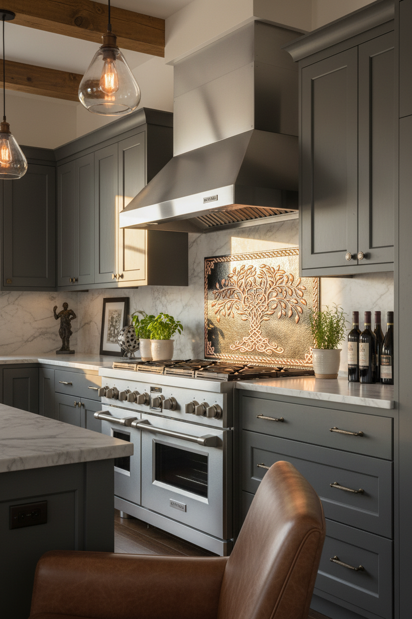 66x36 Inch Black Tree of Life Copper Backsplash Ultra Extreme Close Angled Right View Ultra-Luxury Contemporary Celtic Kitchen