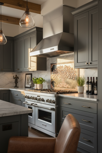 66x36 Inch Black Tree of Life Copper Backsplash Ultra Extreme Close Angled Right View Ultra-Luxury Contemporary Celtic Kitchen