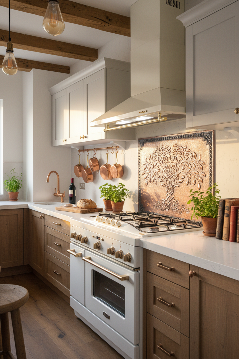 66x36 Inch Brown Tree of Life Copper Backsplash Ultra Close Angled Left View Ultra-Luxury Rustic Modern Kitchen