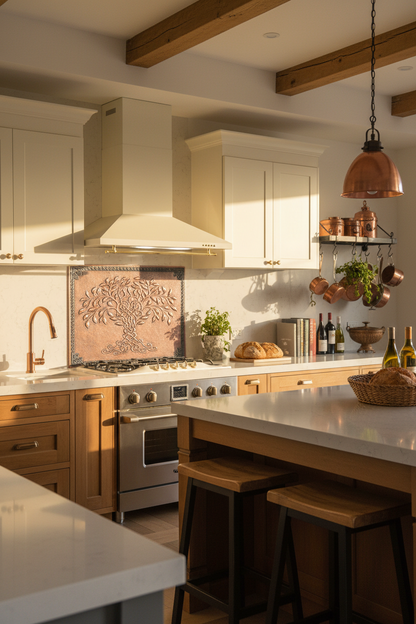 66x36 Inch Brown Tree of Life Copper Backsplash Ultra Extreme Close Angled Left View Ultra-Luxury Rustic Modern Kitchen