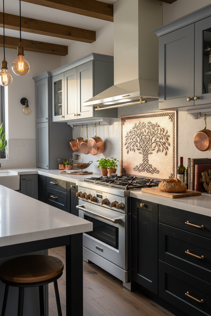 66x36 Inch Copper Black Tree of Life Backsplash Ultra Extreme Close Angled Left View Ultra-Luxury Modern Kitchen