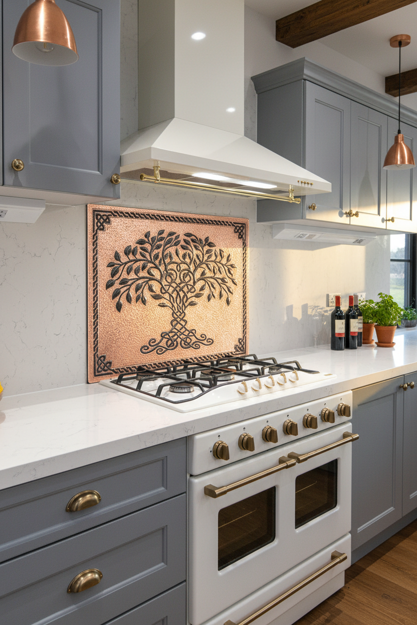 66x36 Inch Copper Black Tree of Life Backsplash Ultra Extreme Close Angled Right View Ultra-Luxury Contemporary Celtic Kitchen