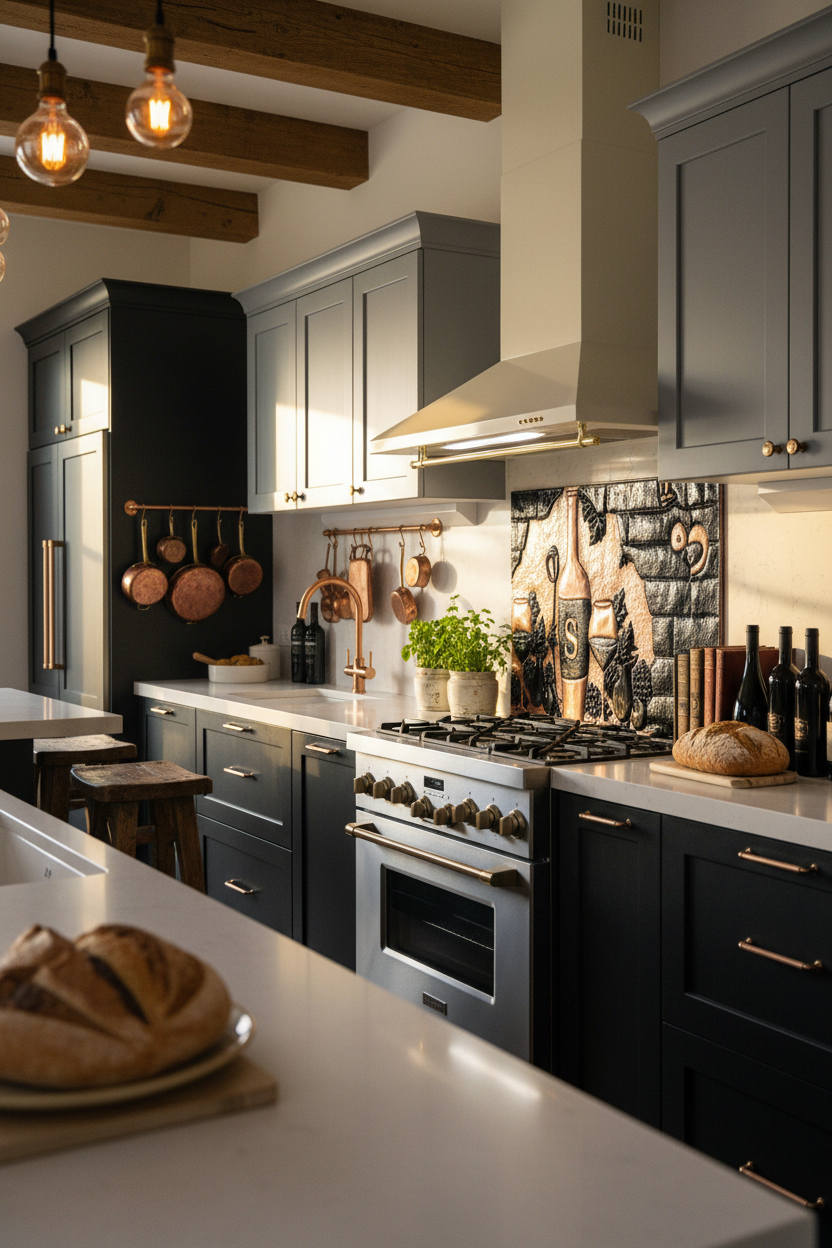 66x36 Inch Copper Tuscan Vineyard Black Backsplash Extreme Close Angled Left View Ultra-Luxury Transitional Italian Kitchen