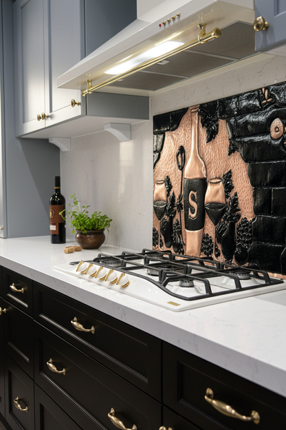 66x36 Inch Copper Tuscan Vineyard Black Backsplash Extreme Close Angled Right View Ultra-Luxury Italian Villa Kitchen