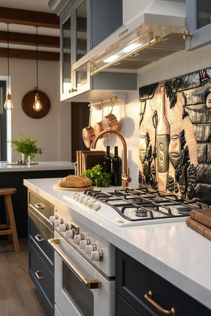 66x36 Inch Copper Tuscan Vineyard Black Backsplash Ultra Extreme Close Angled Left View Ultra-Luxury Transitional Italian Kitchen