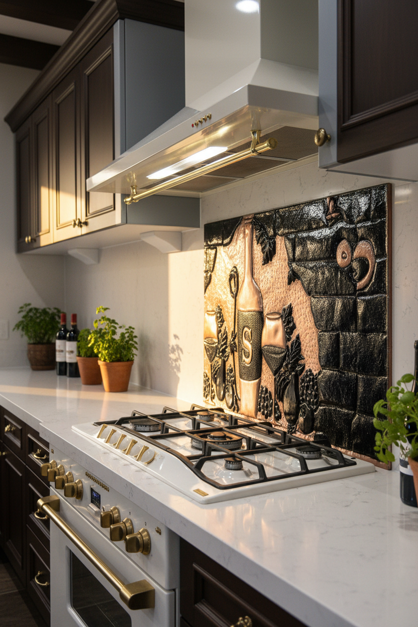 66x36 Inch Copper Tuscan Vineyard Black Backsplash Ultra Extreme Close Angled Right View Ultra-Luxury Italian Villa Kitchen