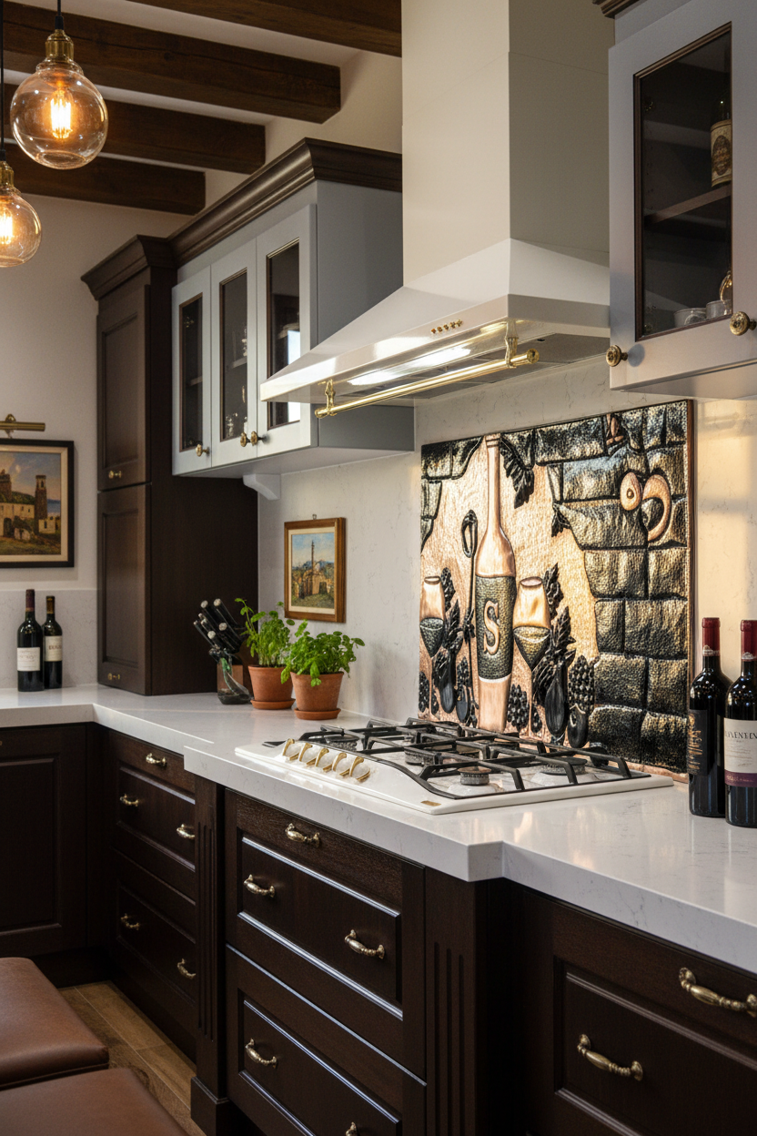 66x36 Inch Copper Tuscan Vineyard Black Backsplash Ultra Extreme Close Angled Right View Ultra-Luxury Italian Villa Kitchen