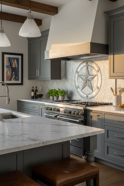 66x36 Inch Lone Star Gray Backsplash Extreme Close Angled Right View Ultra-Luxury Contemporary Western Ranch Kitchen