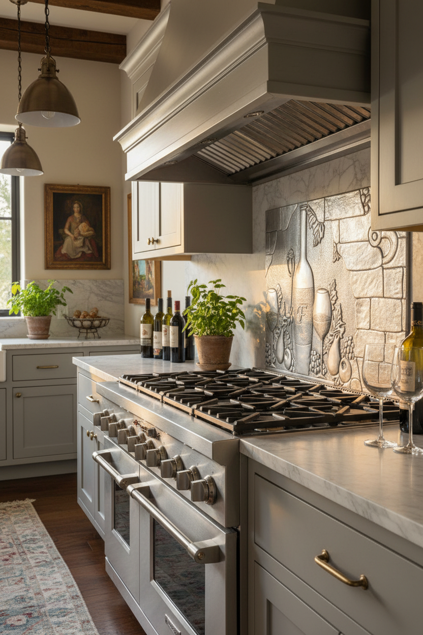 66x36 Inch Tuscan Vineyard Gray Backsplash Ultra Extreme Close Angled Right View Ultra-Luxury Italian Villa Kitchen
