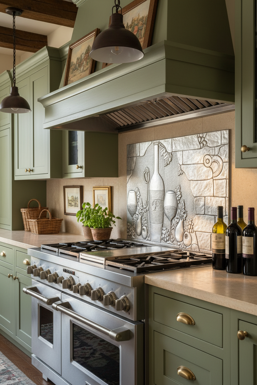 66x36 Inch Tuscan Vineyard Gray Backsplash Ultra Extreme Close Angled Right View Ultra-Luxury Provence Kitchen