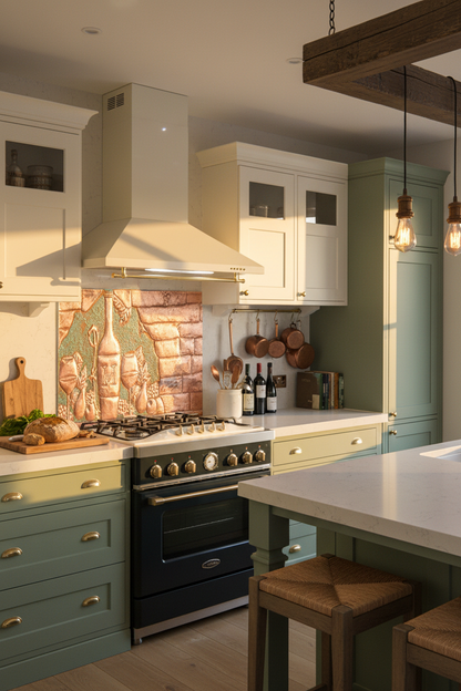 66x36 Inch Tuscan Vineyard Green Patina Copper Backsplash Closer Angled Left View Ultra-Luxury Transitional Italian Kitchen