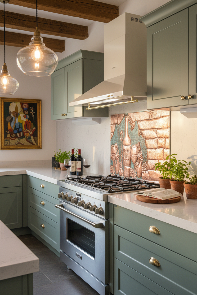 66x36 Inch Tuscan Vineyard Green Patina Copper Backsplash Closer Angled Right View Ultra-Luxury Italian Villa Kitchen