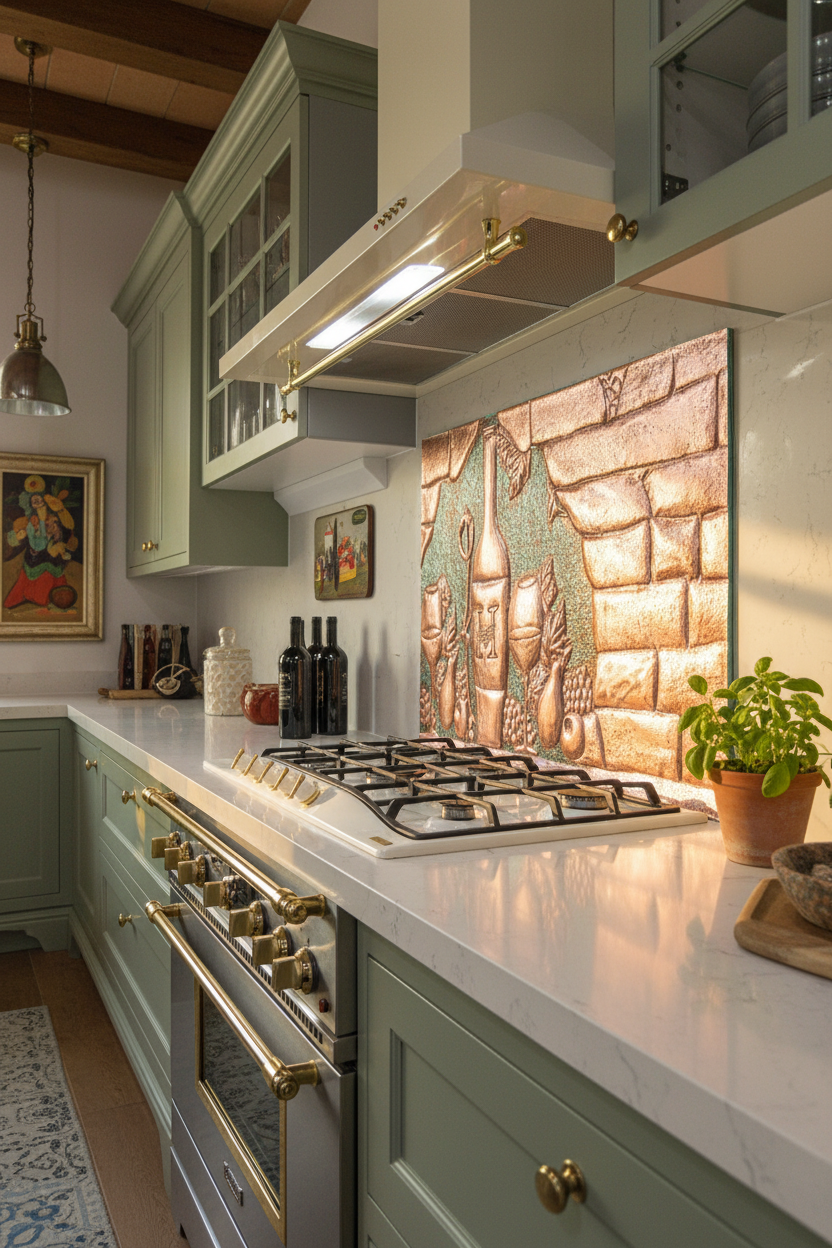 66x36 Inch Tuscan Vineyard Green Patina Copper Backsplash Ultra Extreme Close Angled Right View Ultra-Luxury Italian Villa Kitchen