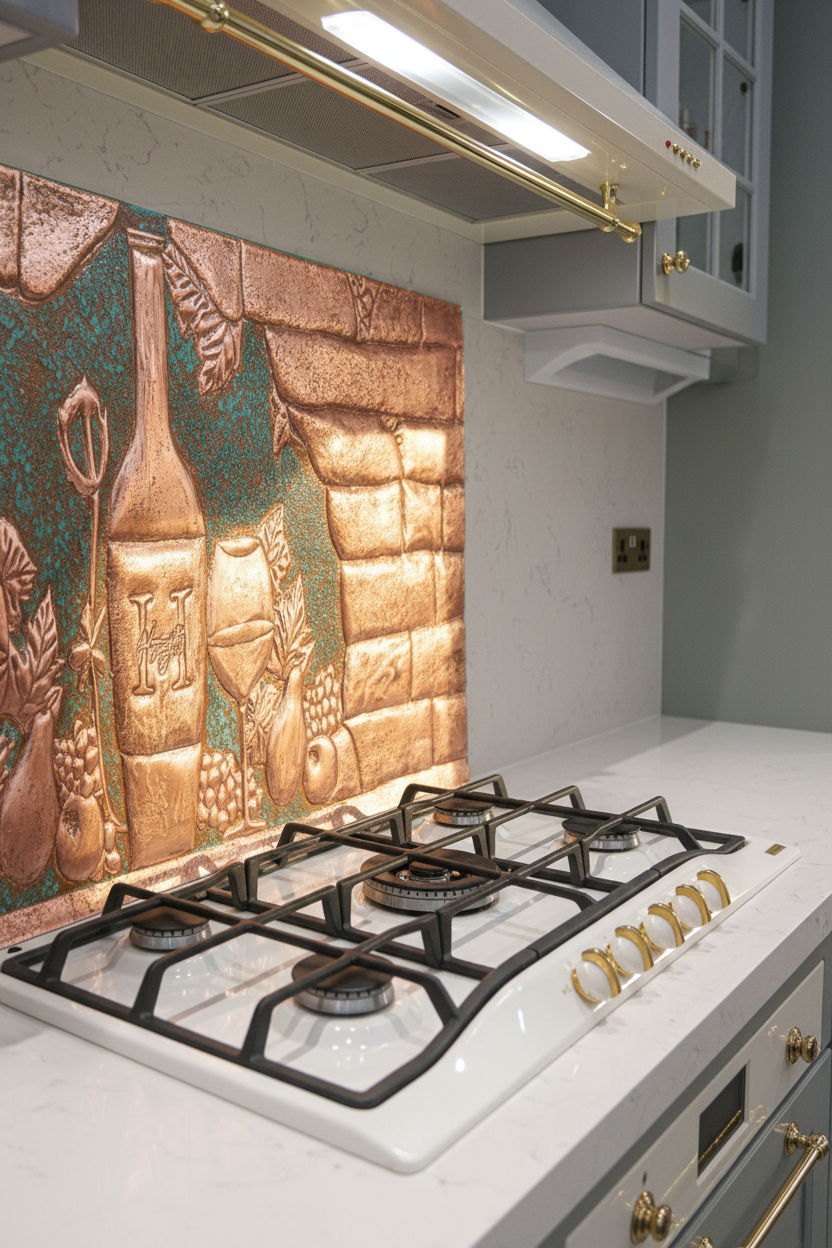 66x36 Inch Tuscan Vineyard Green Patina Copper Backsplash Ultra Extreme Close Angled Right View Ultra-Luxury Italian Villa Kitchen