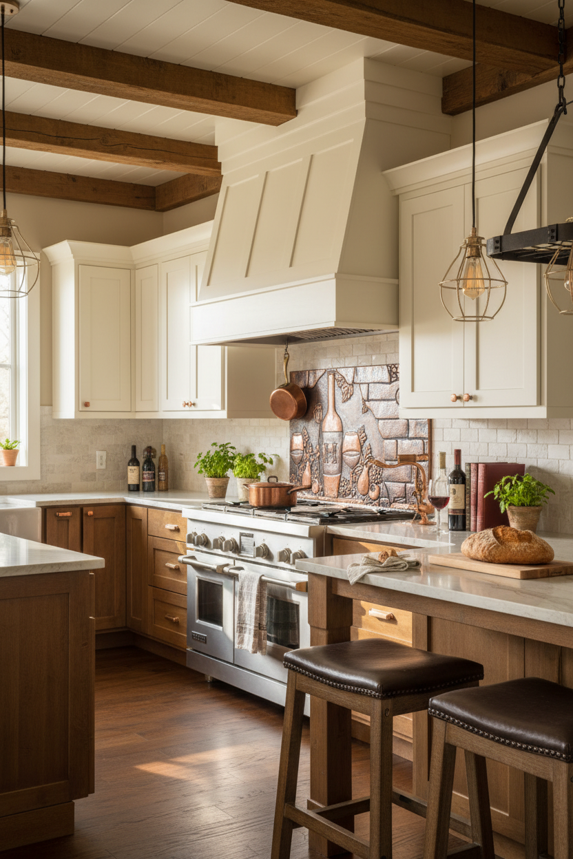 66x36 Inch Tuscan Wine Grapes Brown Patina Copper Backsplash Closer Angled Left View Ultra-Luxury Transitional Italian Kitchen