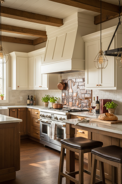 66x36 Inch Tuscan Wine Grapes Brown Patina Copper Backsplash Closer Angled Left View Ultra-Luxury Transitional Italian Kitchen