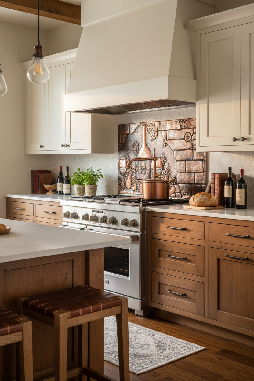 66x36 Inch Tuscan Wine Grapes Brown Patina Copper Backsplash Ultra Close Angled Left View Ultra-Luxury Transitional Italian Kitchen