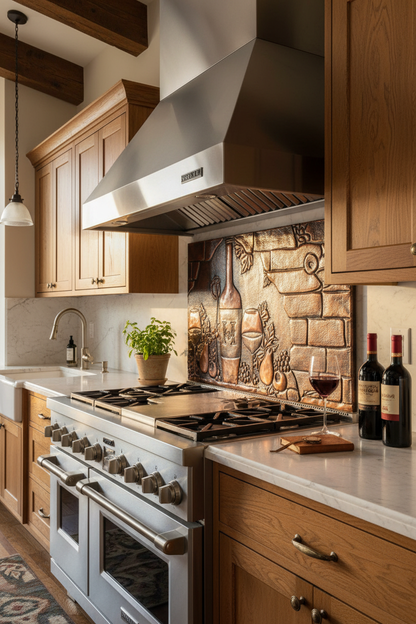 66x36 Inch Tuscan Wine Grapes Brown Patina Copper Backsplash Ultra Close Angled Right View Ultra-Luxury Italian Villa Kitchen
