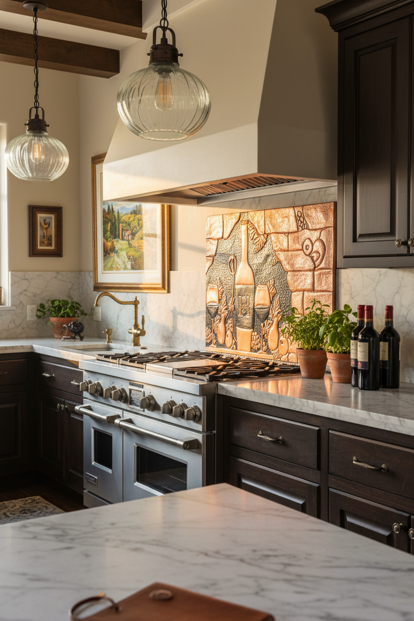 66x36 Inch Tuscan Wine Grapes Copper Black Backsplash Ultra Close Angled Right View Ultra-Luxury Italian Villa Kitchen
