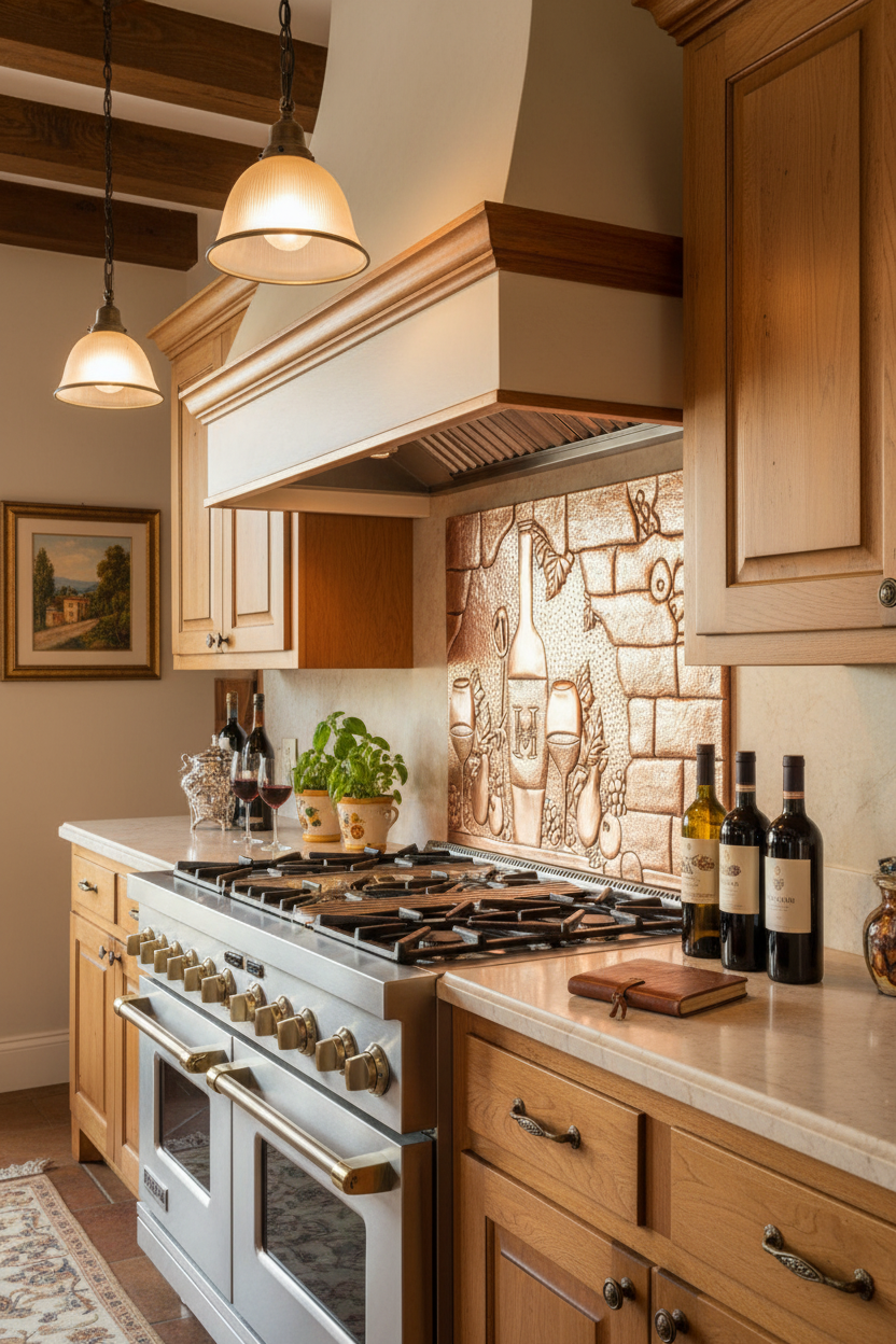 66x36 Inch Tuscan Wine Grapes Natural Copper Backsplash Ultra Close Angled Right View Ultra-Luxury Italian Villa Kitchen