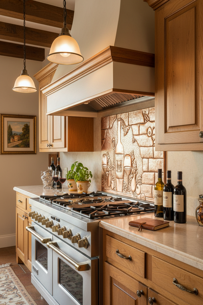 66x36 Inch Tuscan Wine Grapes Natural Copper Backsplash Ultra Close Angled Right View Ultra-Luxury Italian Villa Kitchen