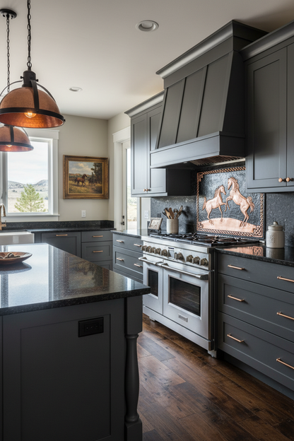 66x36 Inch Wild Horses Black Copper Backsplash Angled Ultra-Luxury Western Contemporary Kitchen