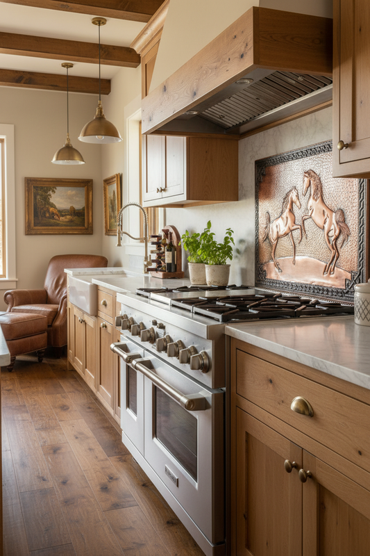 66x36 Inch Wild Horses Brown Copper Backsplash Extreme Close Angled Right View Ultra-Luxury Farmhouse Ranch Kitchen