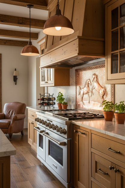66x36 Inch Wild Horses Copper Backsplash Extreme Close Angled Right View Ultra-Luxury Farmhouse Ranch Kitchen
