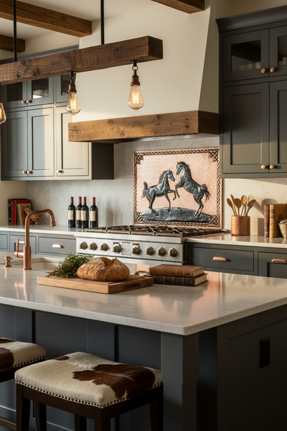66x36 Inch Wild Horses Copper Black Backsplash Extreme Close Angled Left View Ultra-Luxury Transitional Ranch Kitchen