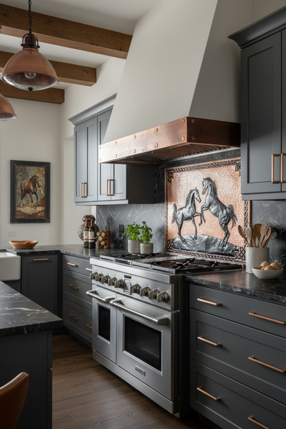 66x36 Inch Wild Horses Copper Black Backsplash Extreme Close Angled Right View Ultra-Luxury Contemporary Ranch Kitchen
