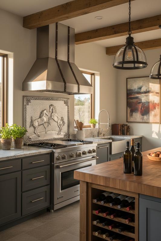 66x36 Inch Wild Horses Gray Backsplash Closer Angled Right View Ultra-Luxury Contemporary Ranch Kitchen