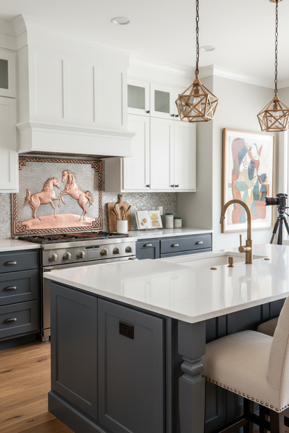66x36 Inch Wild Horses Gray Copper Backsplash Angled Ultra-Luxury Transitional Ranch Kitchen