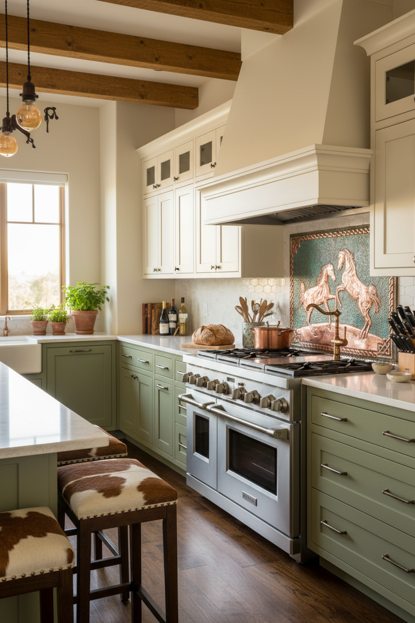 66x36 Inch Wild Horses Green Copper Backsplash Closer Angled Left View Ultra-Luxury Transitional Ranch Kitchen