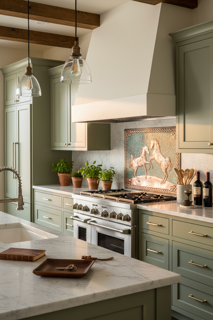 66x36 Inch Wild Horses Green Copper Backsplash Closer Angled Right View Ultra-Luxury Farmhouse Ranch Kitchen
